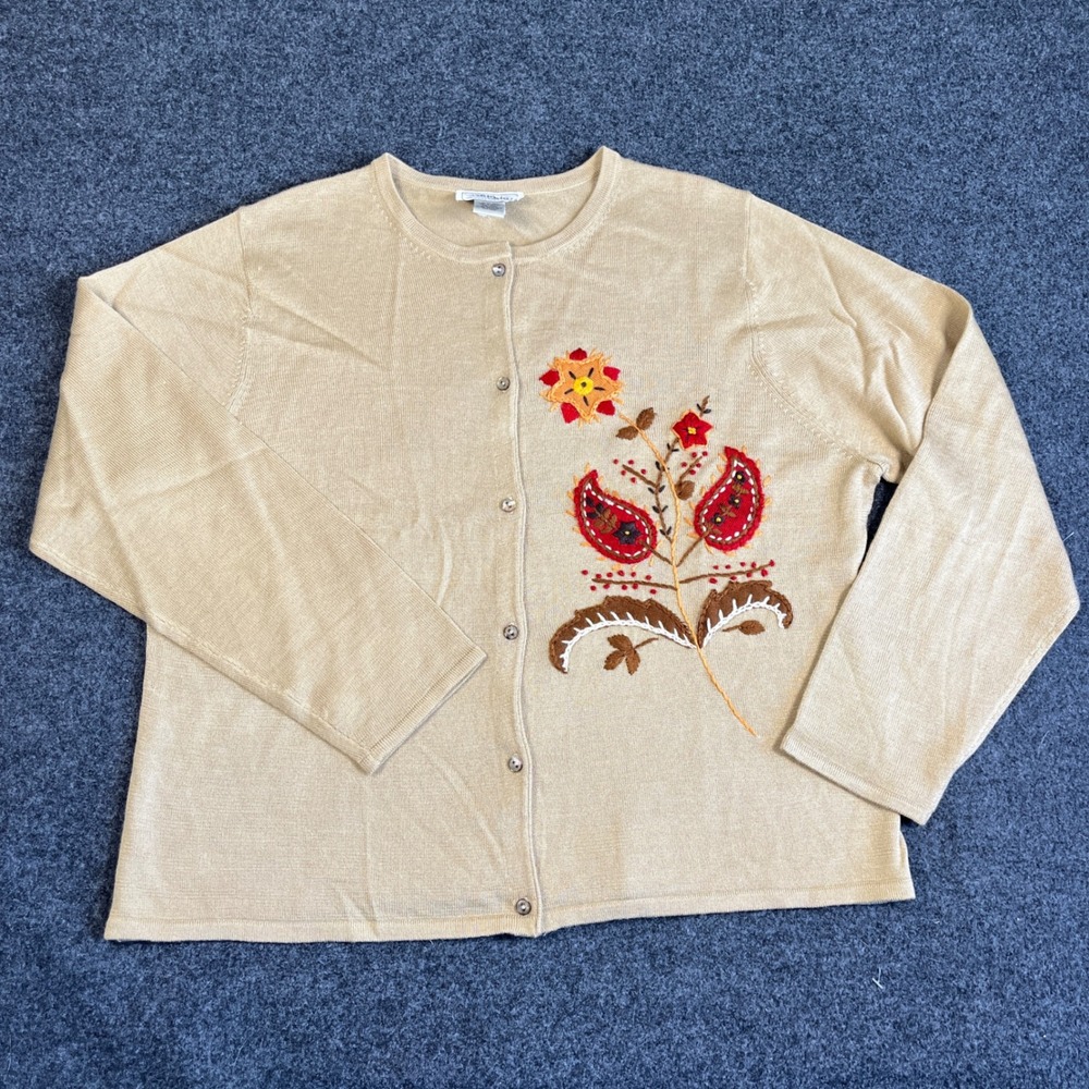 Bob Mackie Studio Tan‎ Embroidered Floral Paisley Wool Blend Cardigan Sweater XL